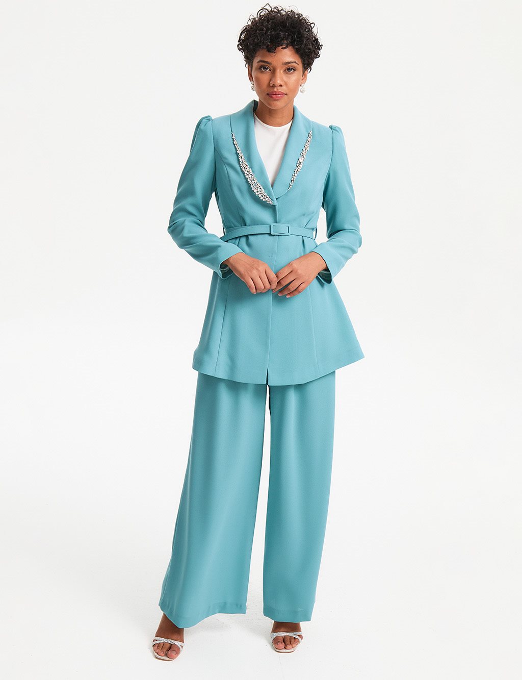 Stone Embroidered Double Breasted Suit Mint