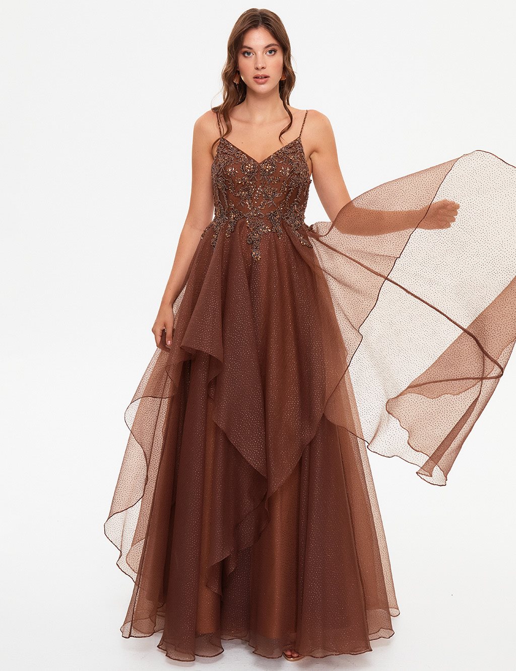 TIARA Thin Straps Embroidered Evening Dress Bronze Brown