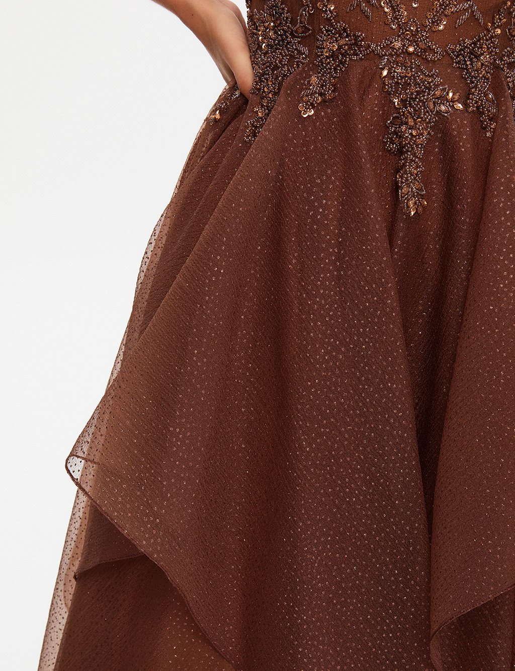 TIARA Thin Straps Embroidered Evening Dress Bronze Brown