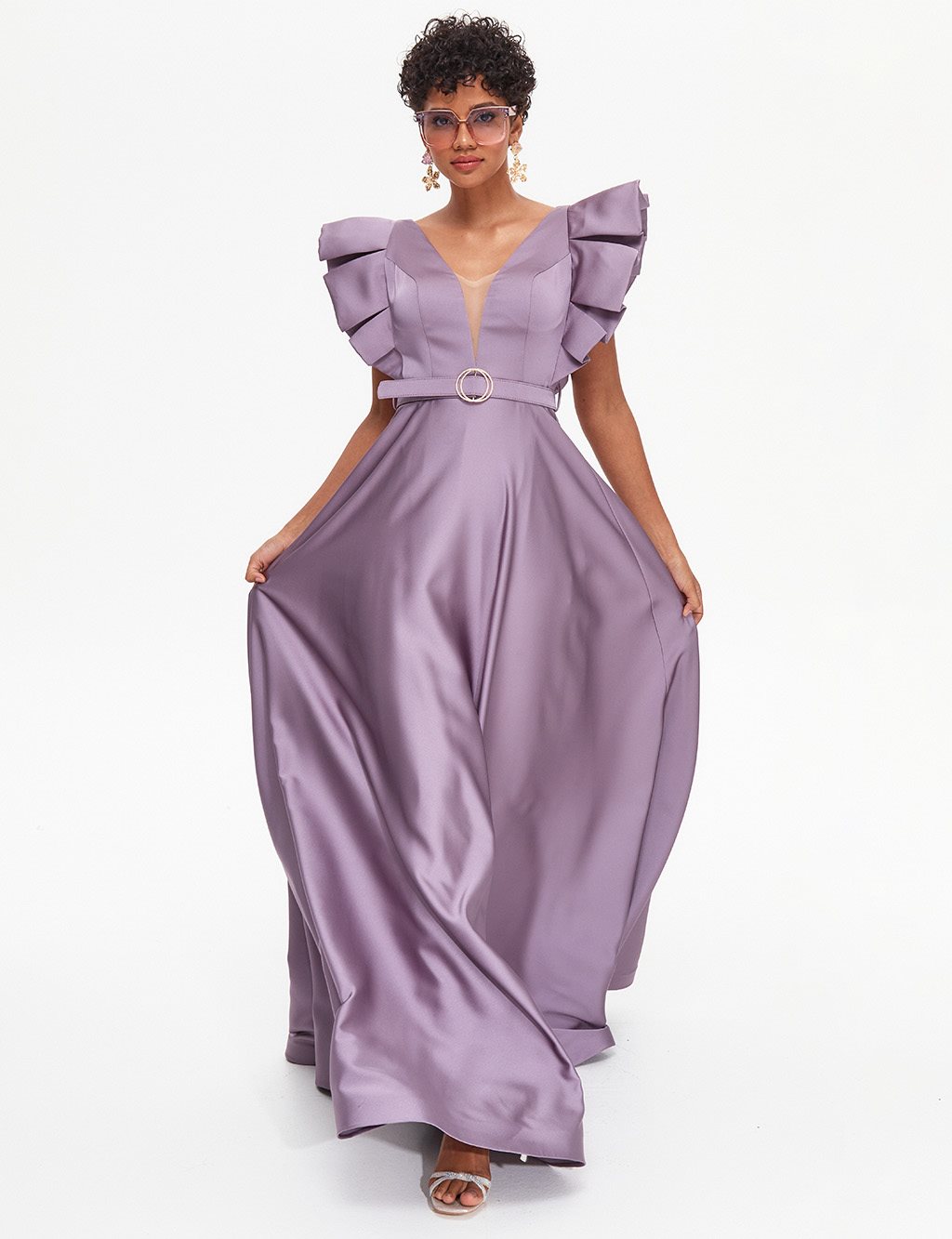 TIARA Butterfly Sleeve Belted Evening Dress Old Lavander
