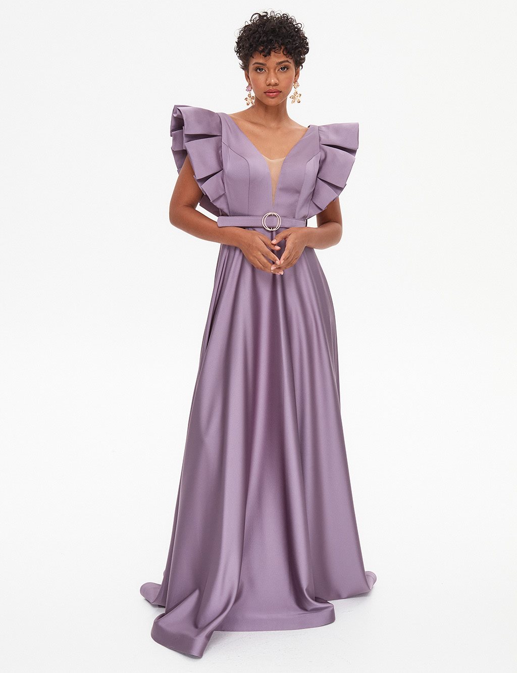 TIARA Butterfly Sleeve Belted Evening Dress Old Lavander