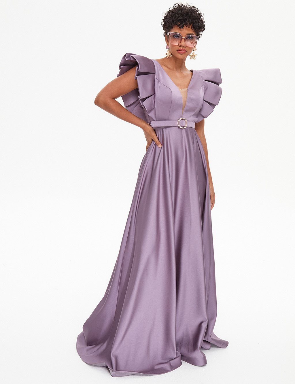 TIARA Butterfly Sleeve Belted Evening Dress Old Lavander