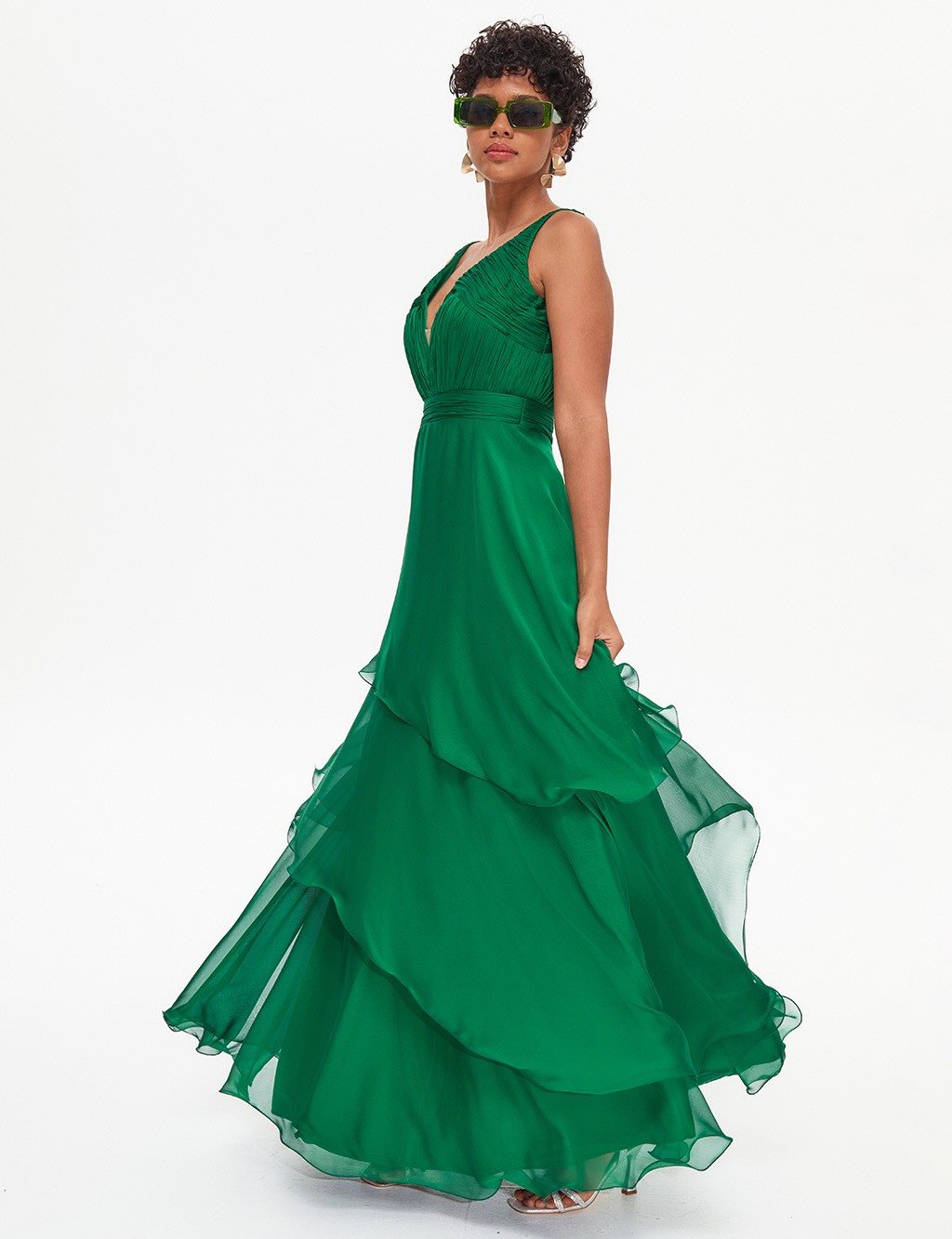 TIARA Deep V-Neck Layered Evening Dress Emerald