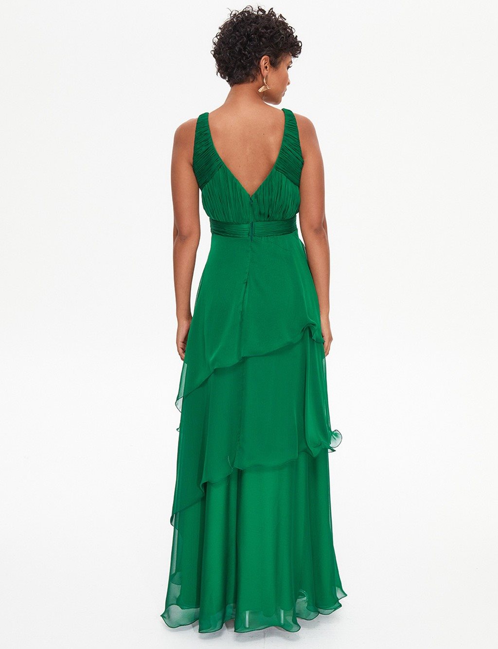 TIARA Deep V-Neck Layered Evening Dress Emerald