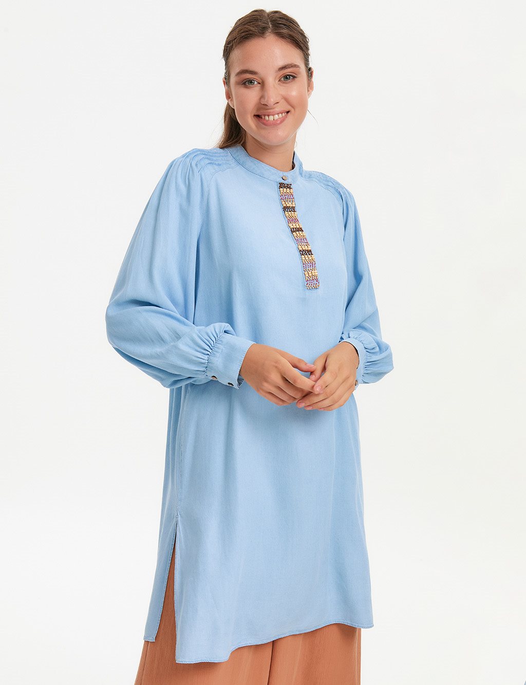 Bead Embroidered Tencel Tunic Blue