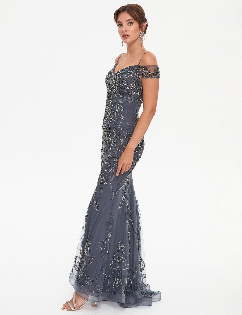 TIARA Thin Strap Stone Embroidered Evening Dress Anthracite