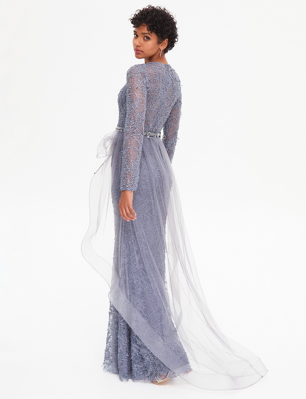 TIARA Illusion Collar Embroidered Long Evening Dress Blue Granite