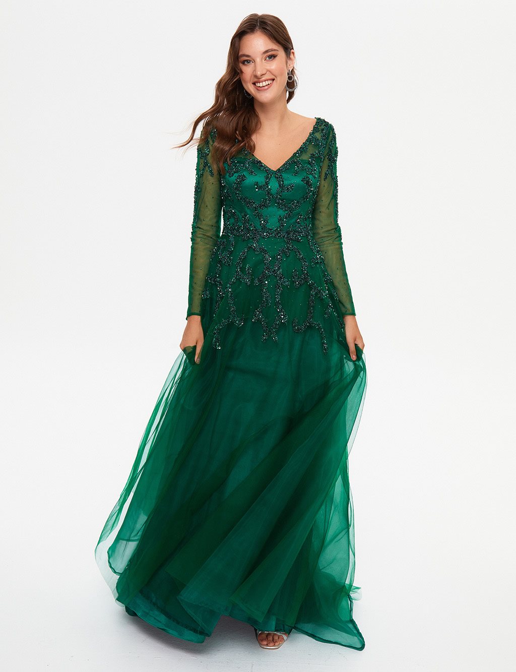 TIARA Tulle Skirt Deep V Neck Evening Dress Emerald