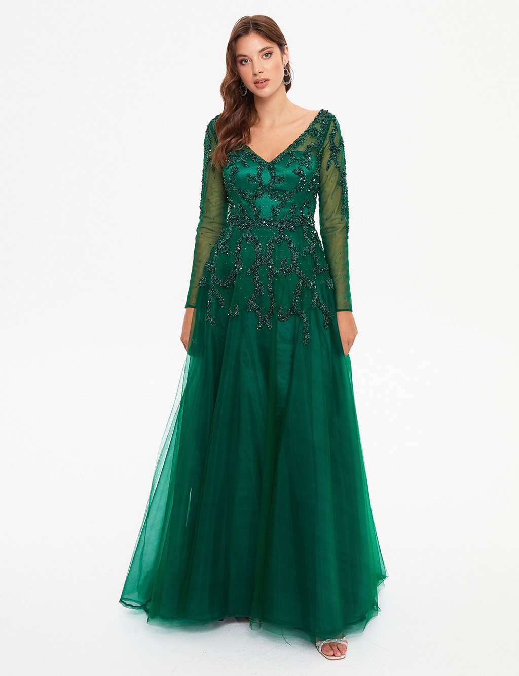 TIARA Tulle Skirt Deep V Neck Evening Dress Emerald