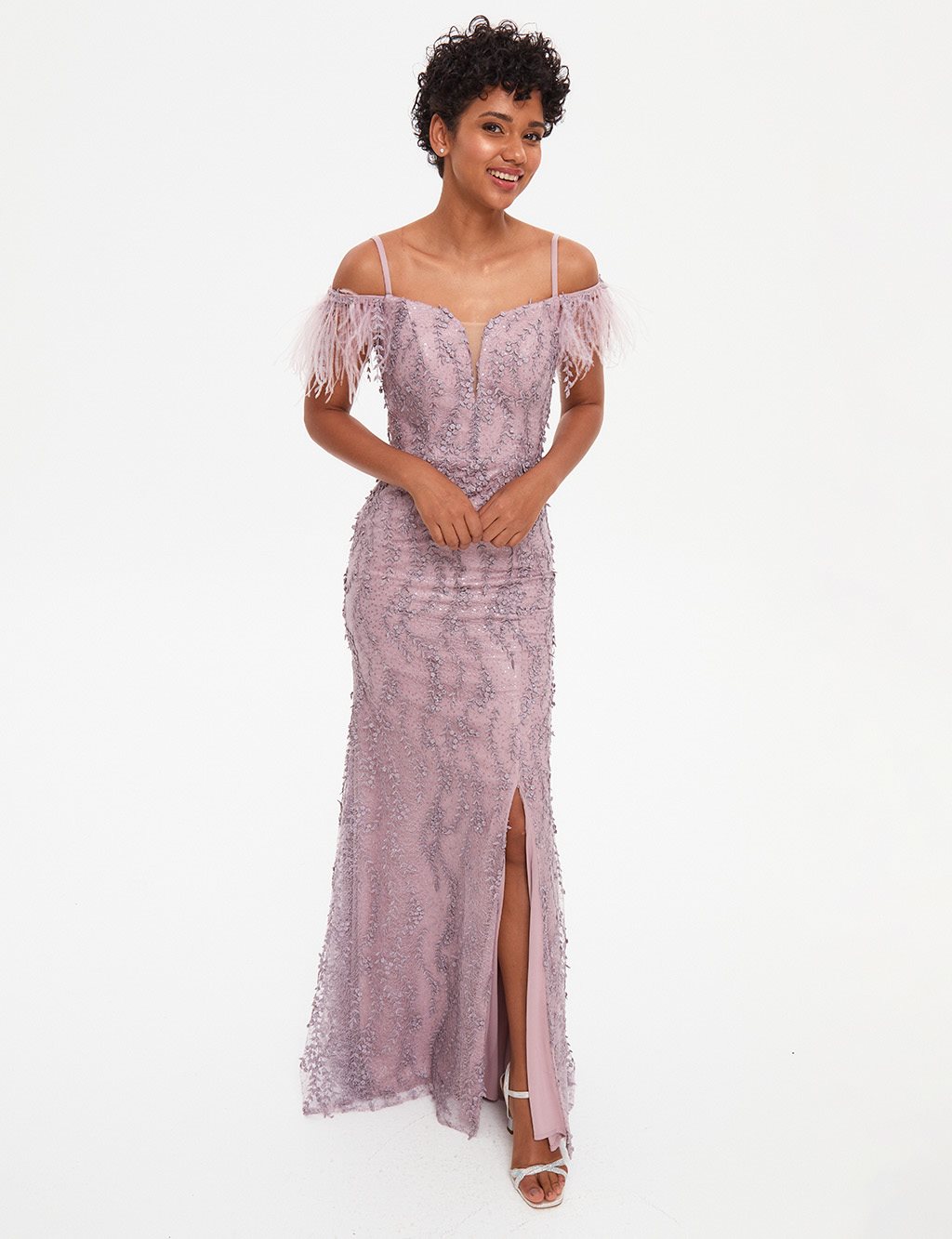 TIARA Off Shoulder Tasseled Embroidered Evening Dress Lilac