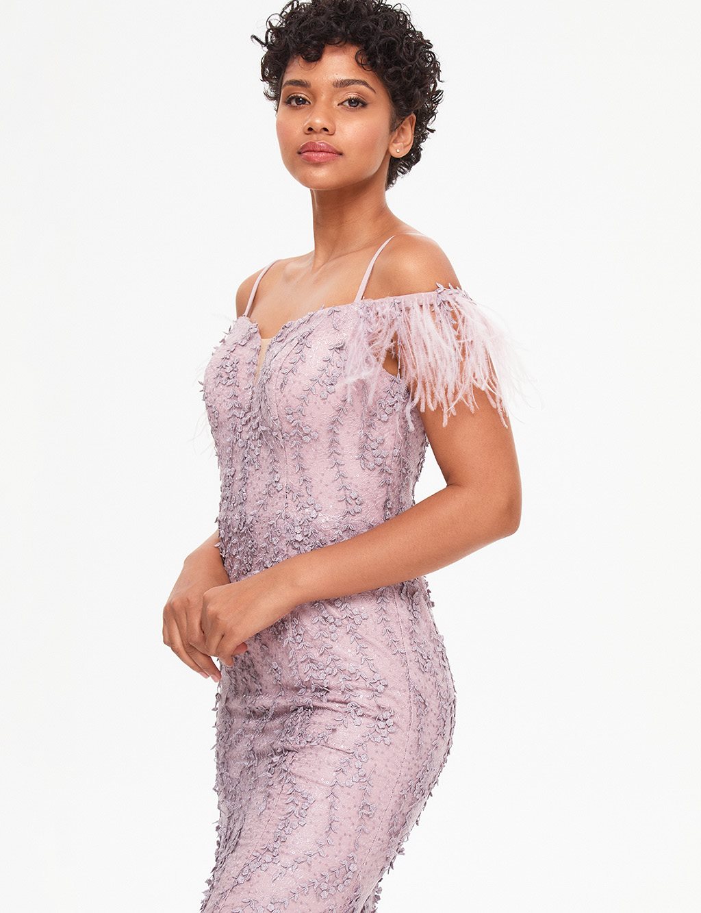 TIARA Off Shoulder Tasseled Embroidered Evening Dress Lilac
