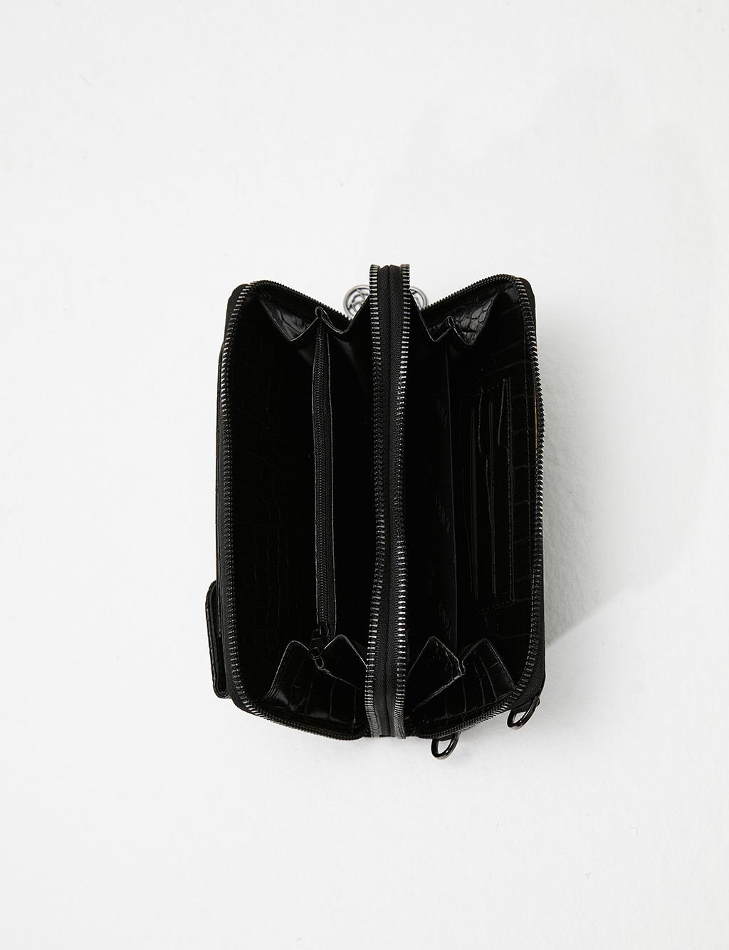 Croco Patterned Multifunctional Wallet Bag Black