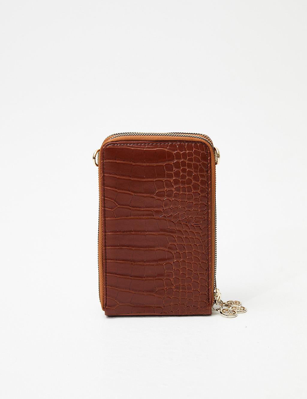 Croco Patterned Three Compartment Bag Wallet Tobacco