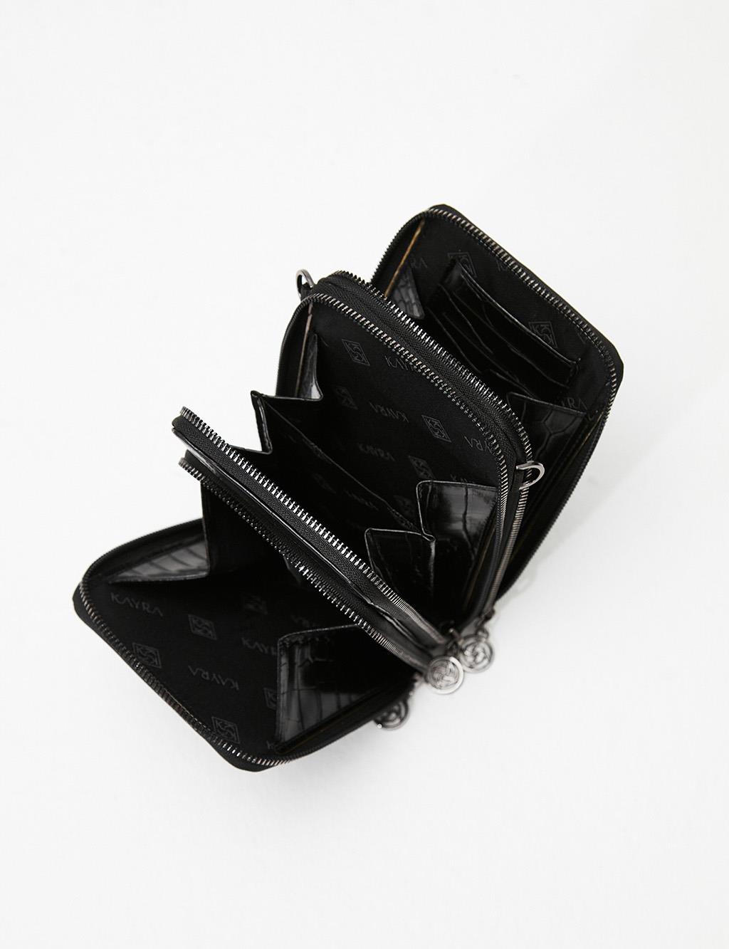 Croco Desenli Üç Gözlü Çanta Cüzdan Siyah