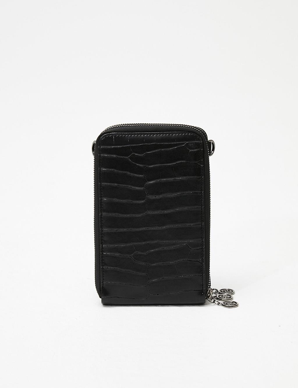 Croco Patterned Three Compartment Bag Wallet Black