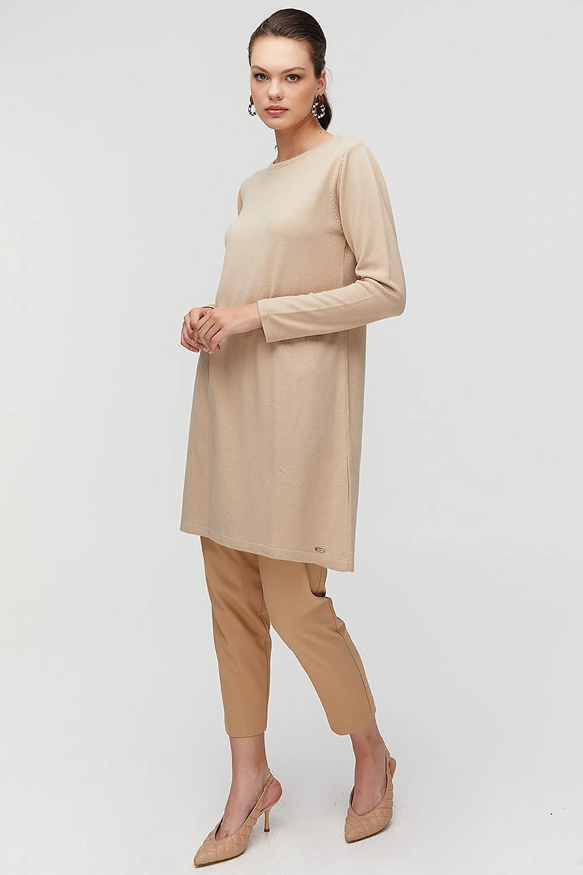 Basic Crew Neck Knit Tunic Stone