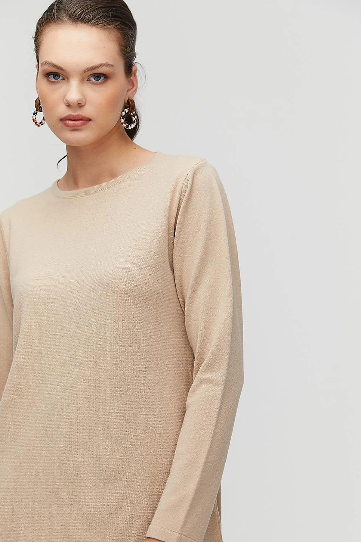 Basic Crew Neck Knit Tunic Stone