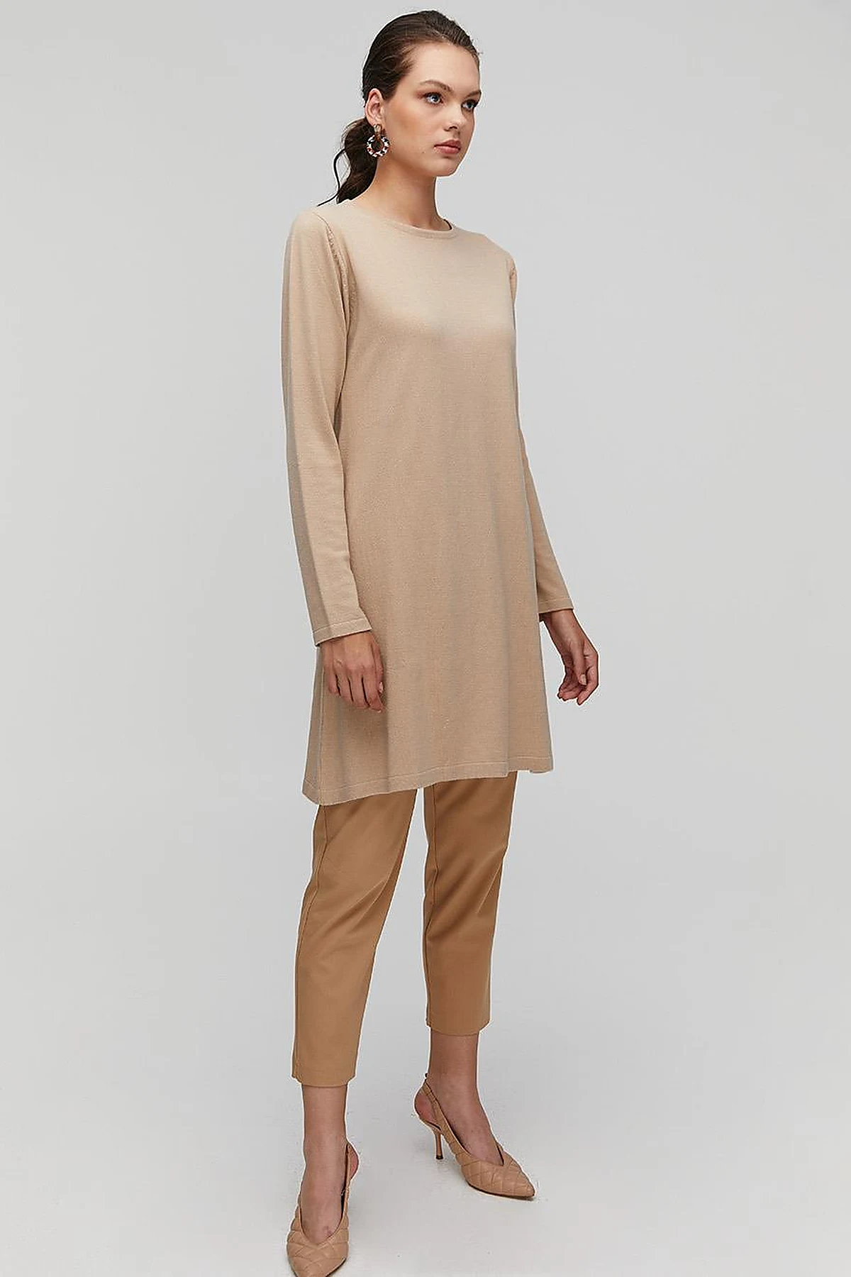 Basic Crew Neck Knit Tunic Stone