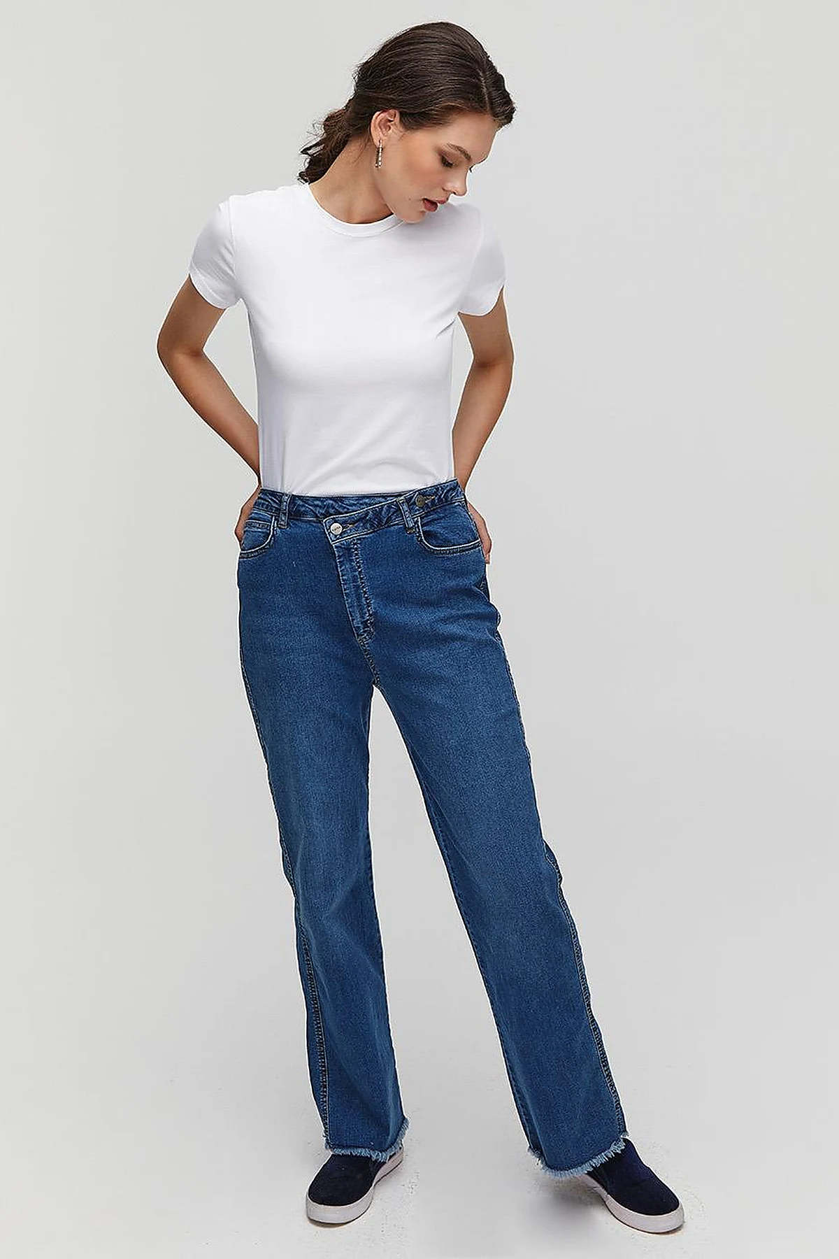BASIC Beli Çapraz Kapamalı Denim Pantolon Lacivert