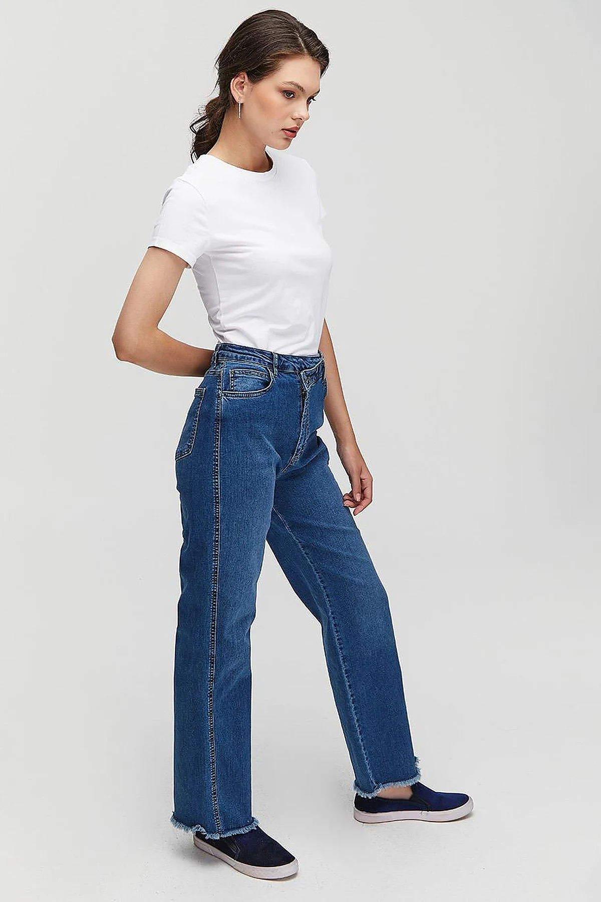 BASIC Beli Çapraz Kapamalı Denim Pantolon Lacivert