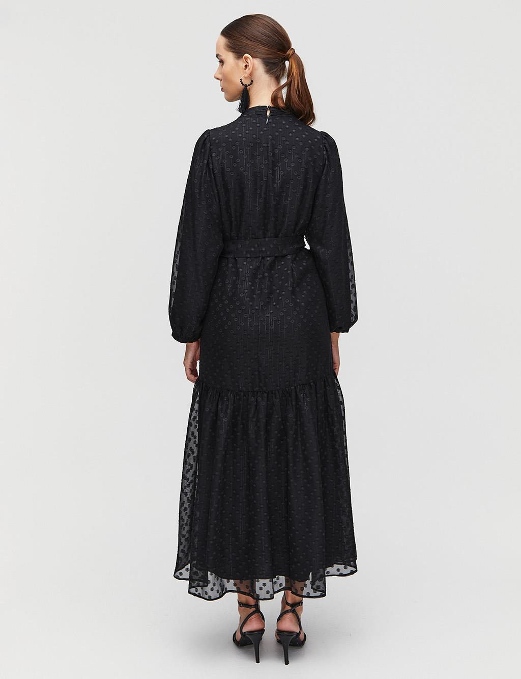 Belt Detailed Scalloped Long Dress Black
