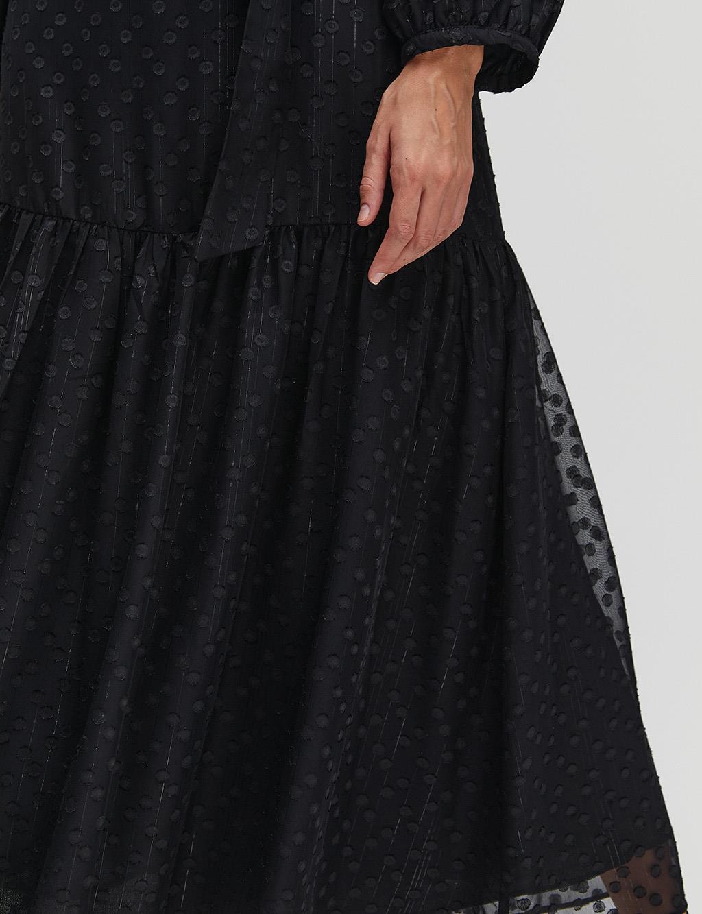 Belt Detailed Scalloped Long Dress Black