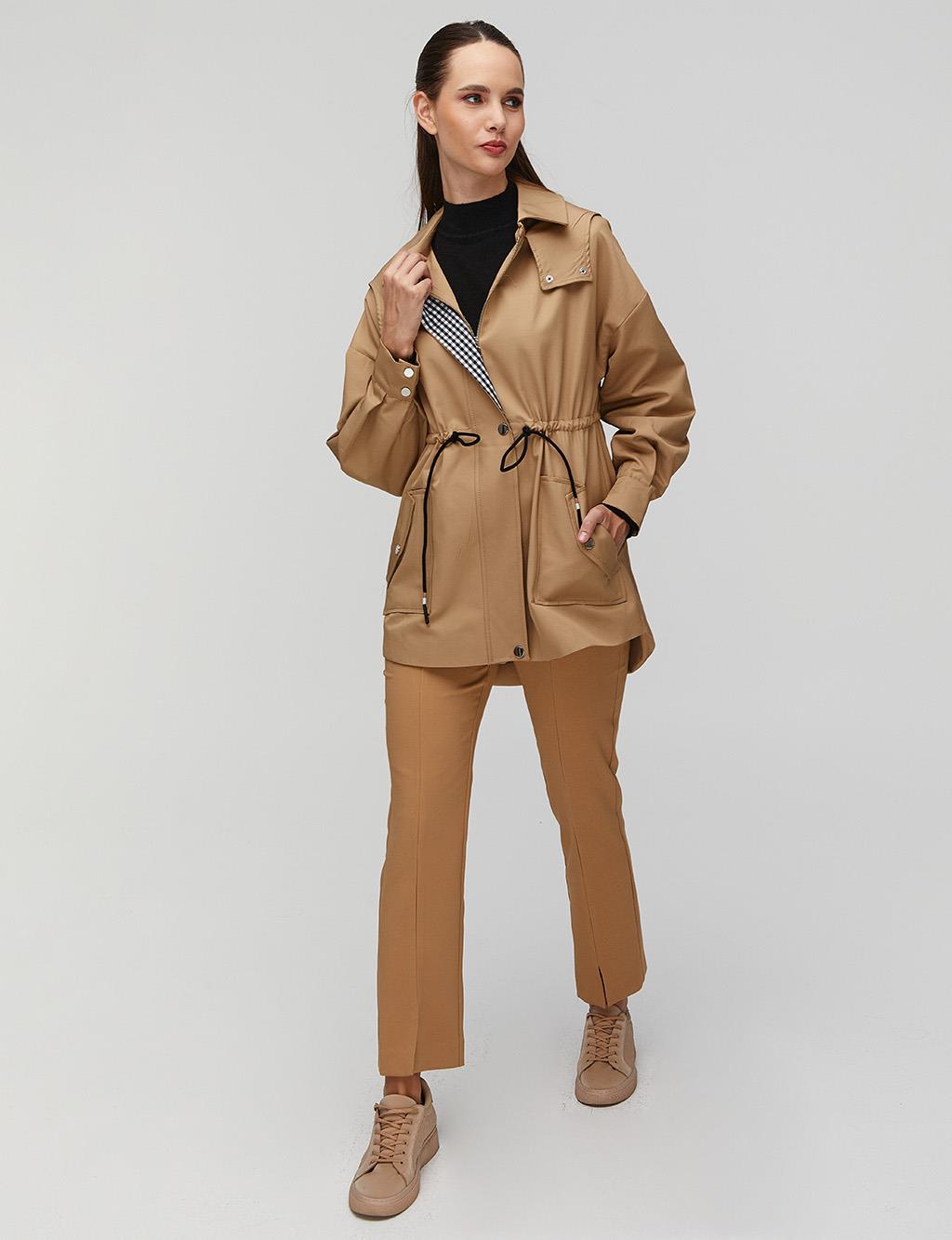 Pleated Waist Hooded Short Trench Coat Beige