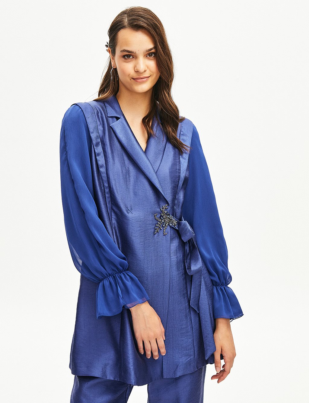 Pleated Double Breasted Collar Jacket Parlement Blue