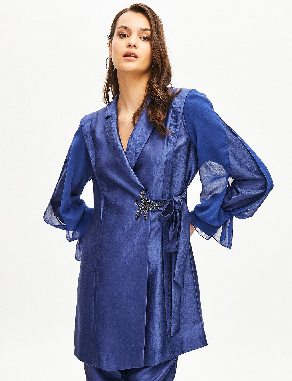 Pleated Double Breasted Collar Jacket Parlement Blue