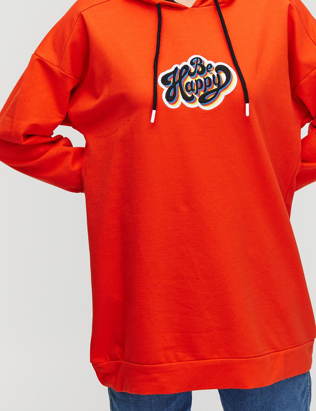 Be Happy Slogan Printed Sweatshirt Orange