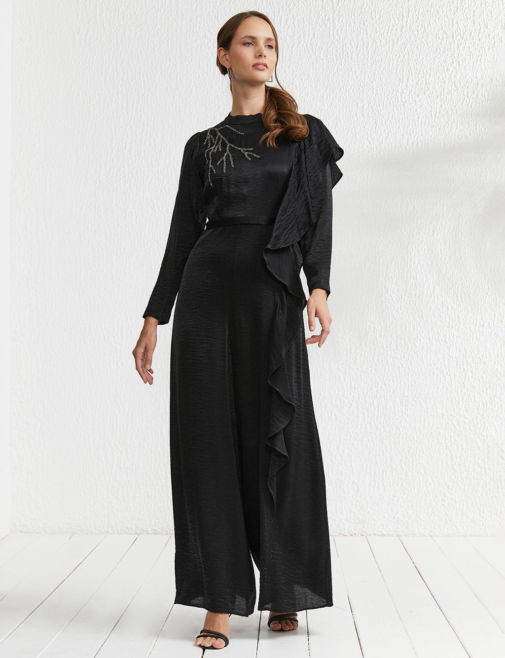 Embroidered Detailed Ruffle Jumpsuit Black