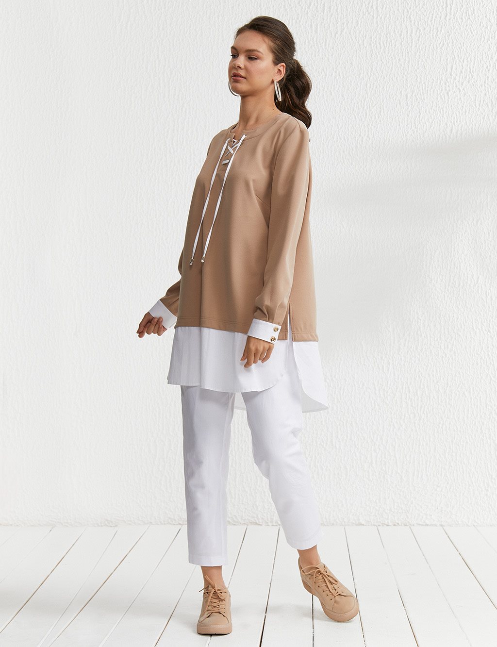 Layer Look Lace-Up Collar Tunic Beige
