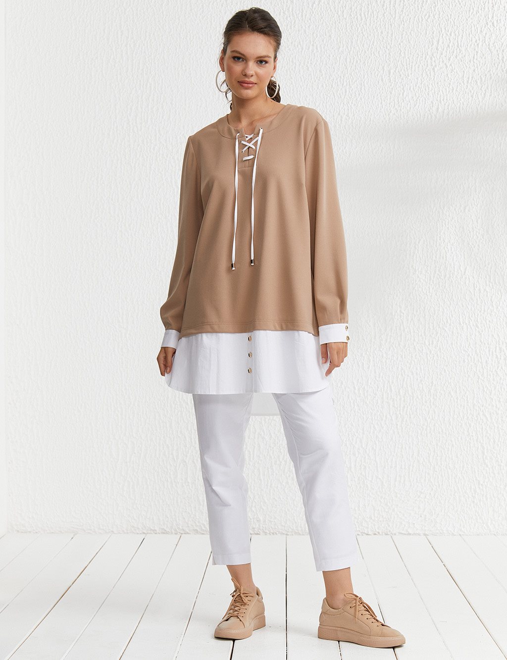 Layer Look Lace-Up Collar Tunic Beige