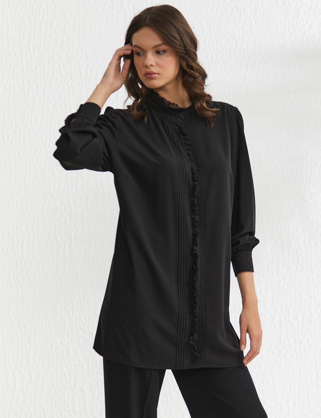Ribbed Guipure Striped Blouse Black