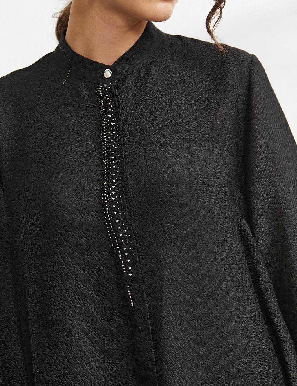 Bead Embroidered Grandad Collar Tunic Black
