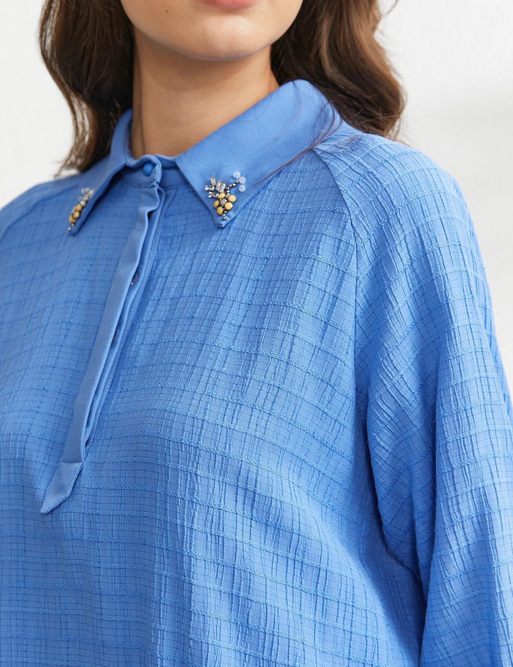 Bead Embroidered Sequined Blouse Blue