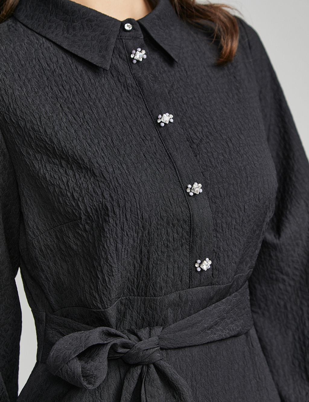 Textured Belted Dress Black