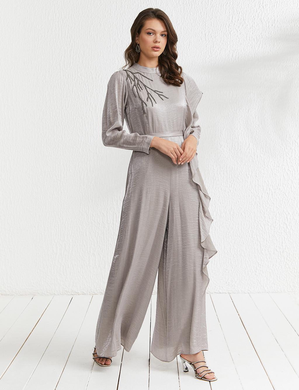 Embroidered Detailed Ruffle Jumpsuit Grey
