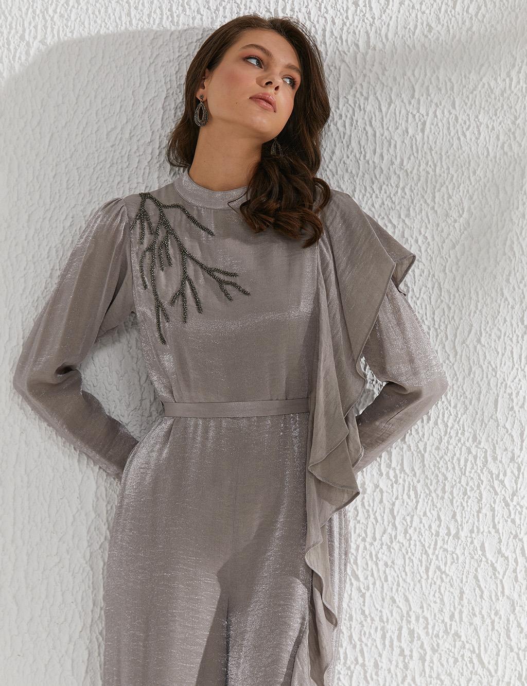 Embroidered Detailed Ruffle Jumpsuit Grey