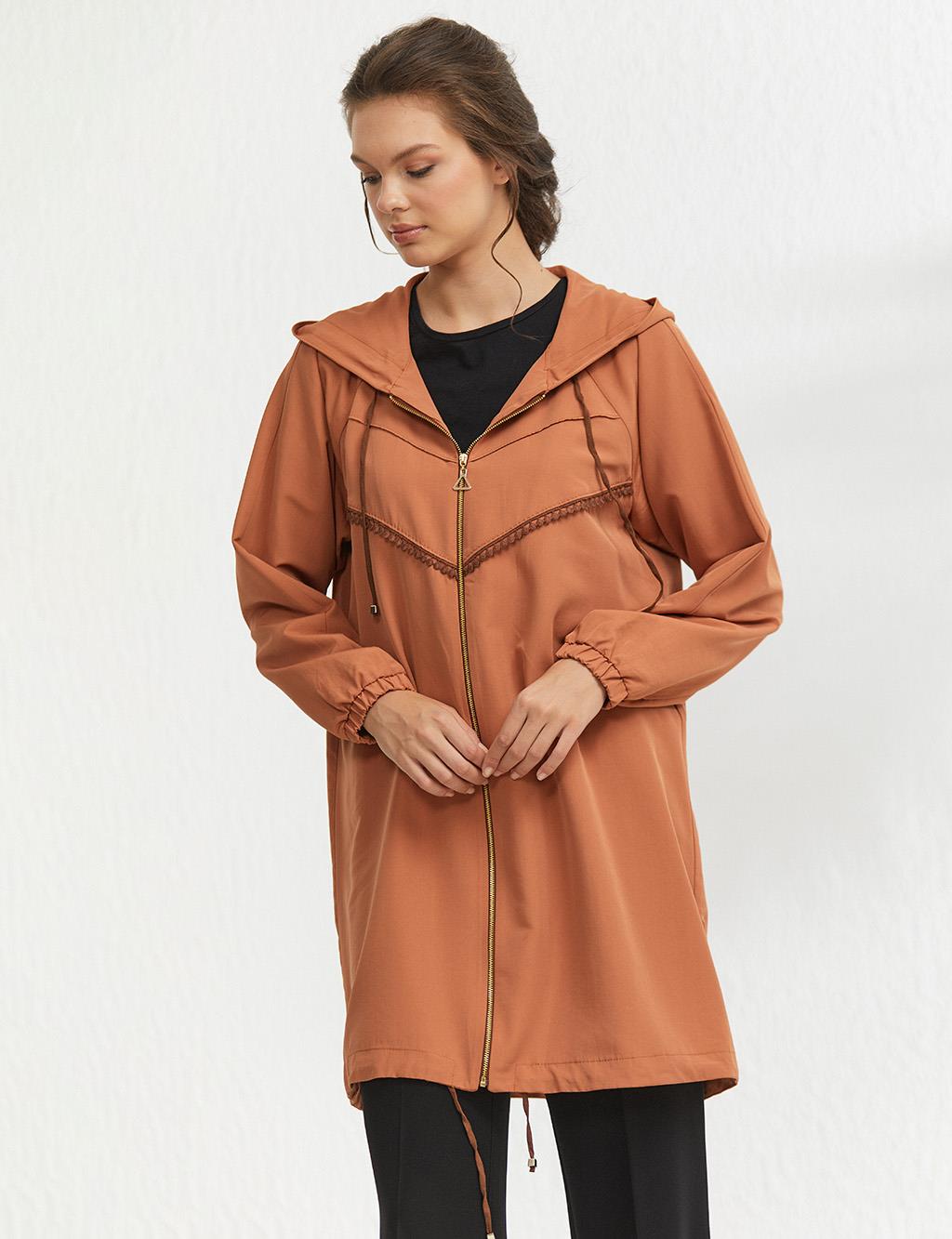 Scalloped Hooded Trench Coat Cinnamon