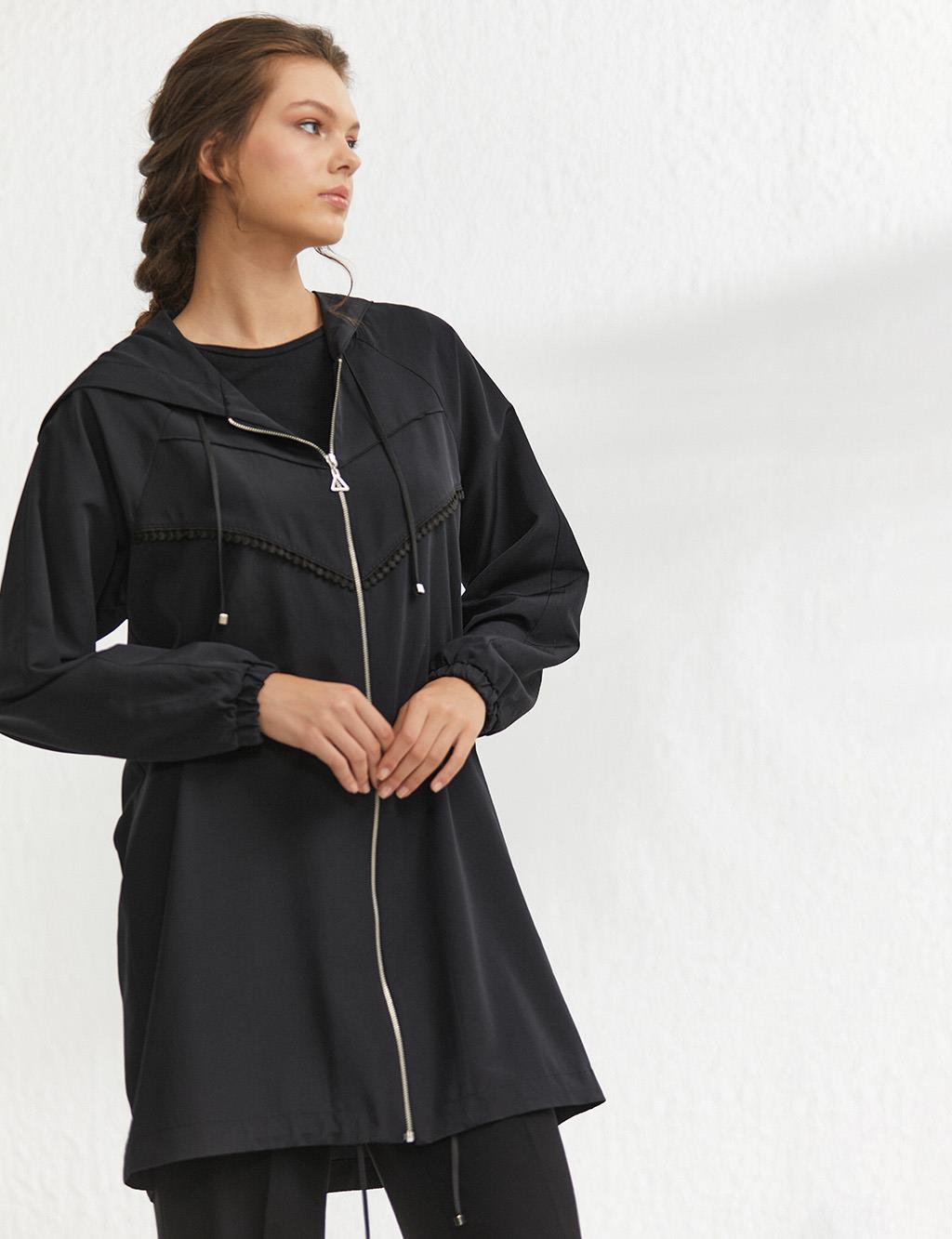 Scalloped Hooded Trench Coat Black
