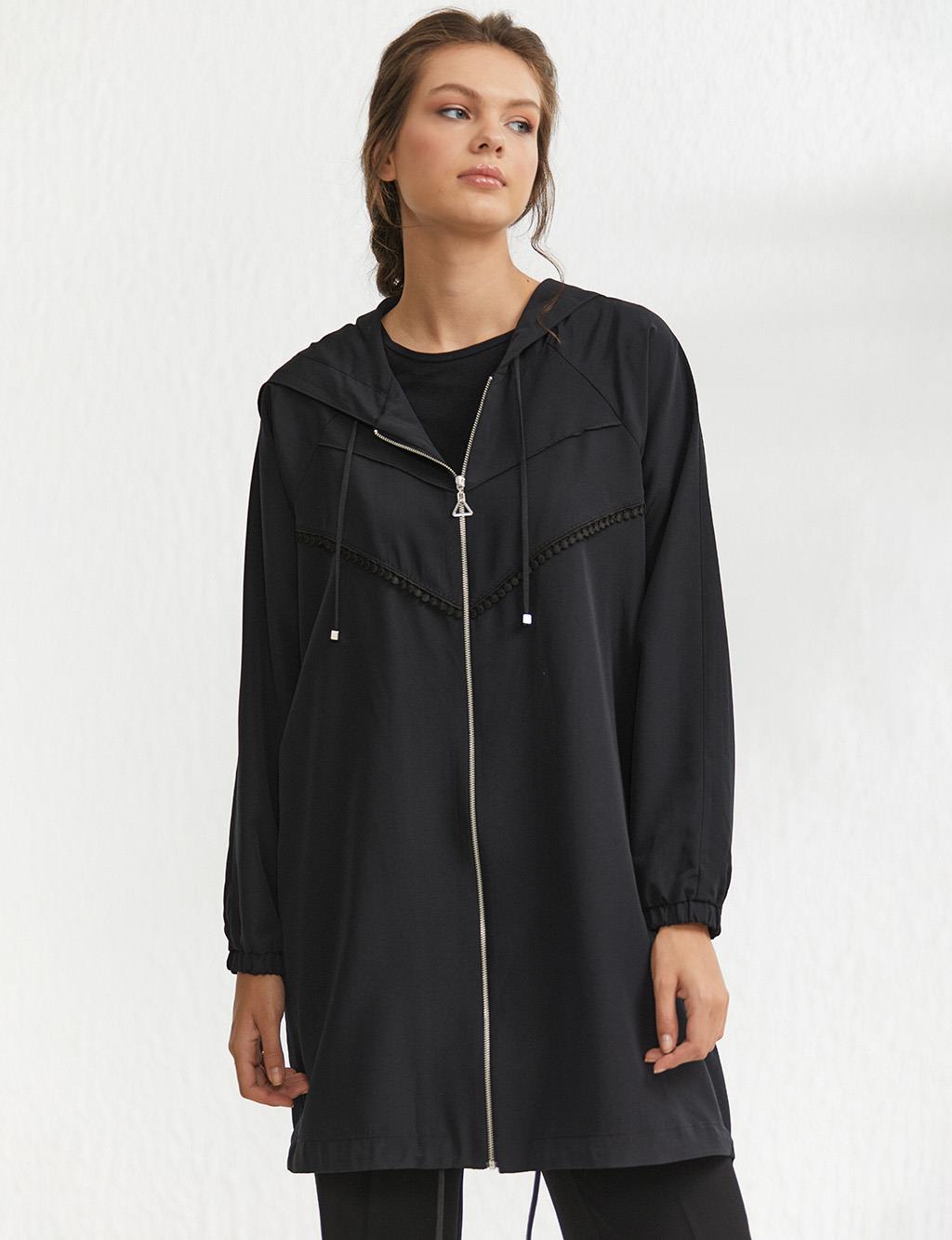 Scalloped Hooded Trench Coat Black