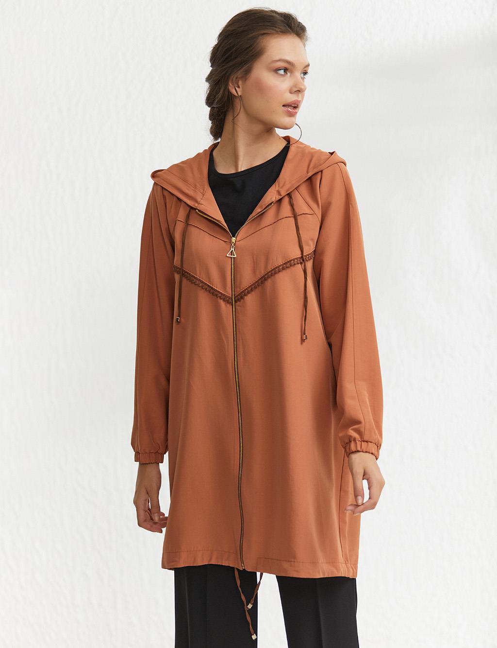 Scalloped Hooded Trench Coat Cinnamon