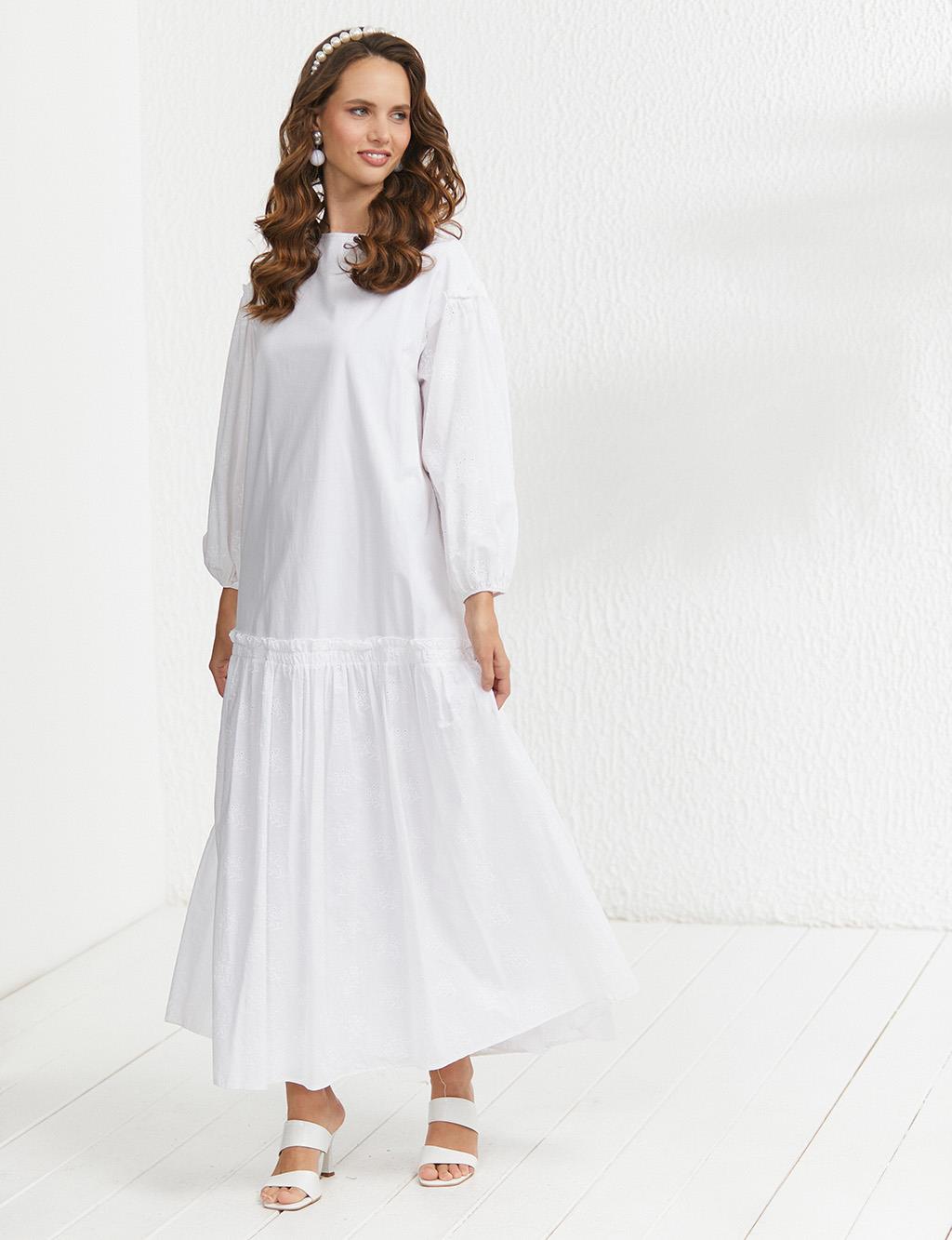 Scalloped Full Length Dress White