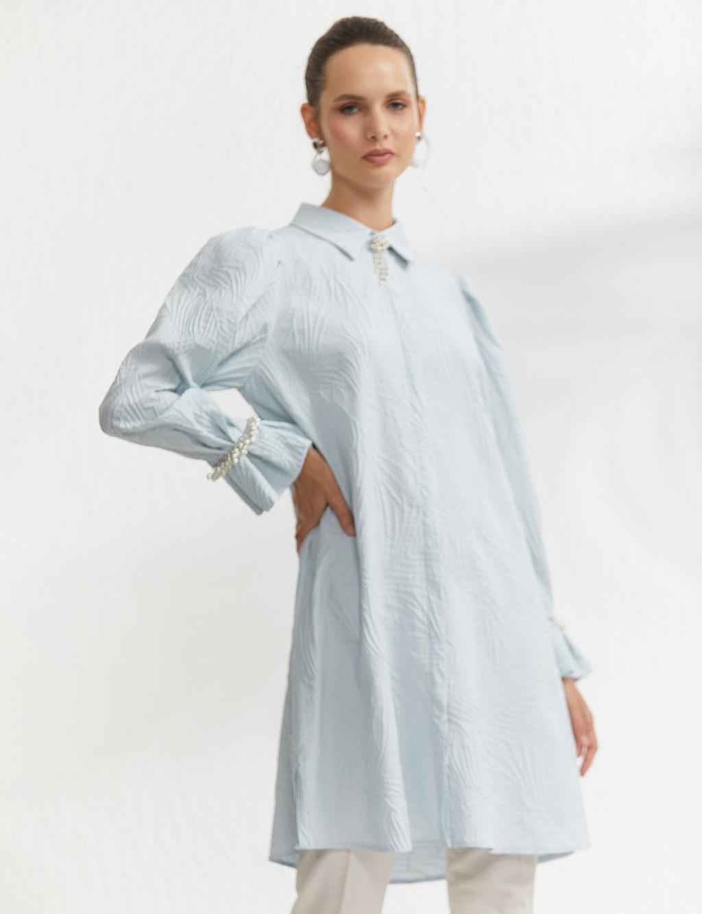 Floral Textured Bead Embroidered Tunic Light Blue