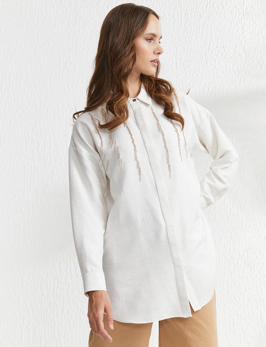Embroidered Marble Detailed Tunic Ecru