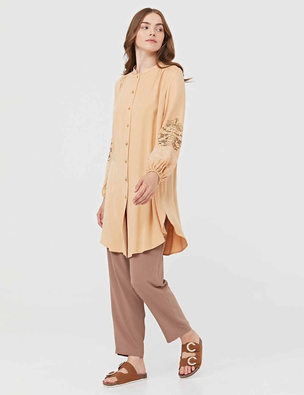 Embroidered Sleeves Judge Collar Tunic Beige