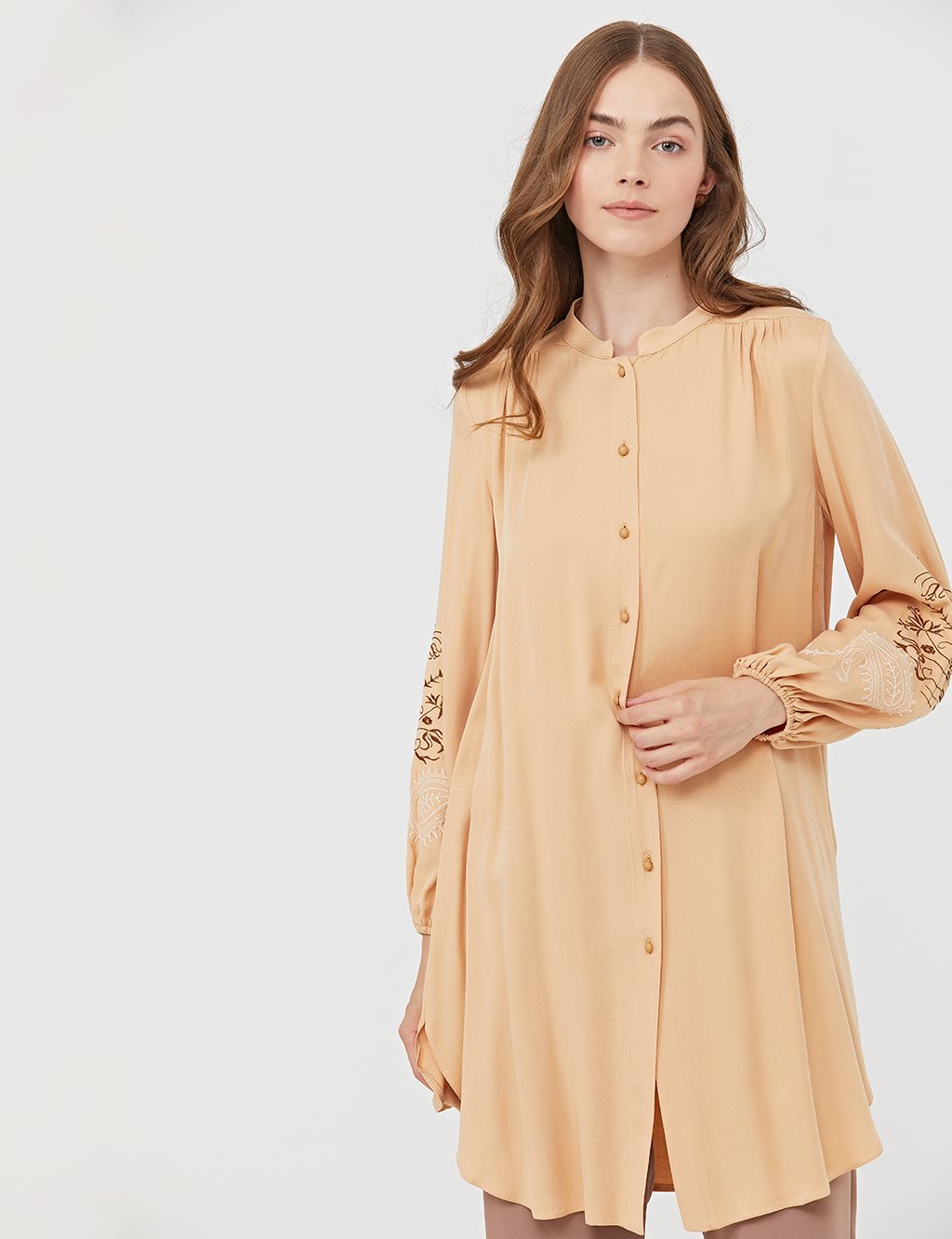 Embroidered Sleeves Judge Collar Tunic Beige