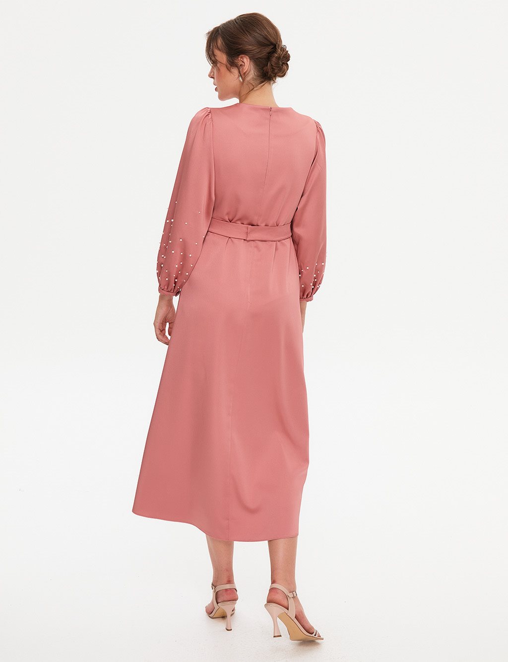 Pearls Balloon Sleeve Crew Neck Dress Dried Rose