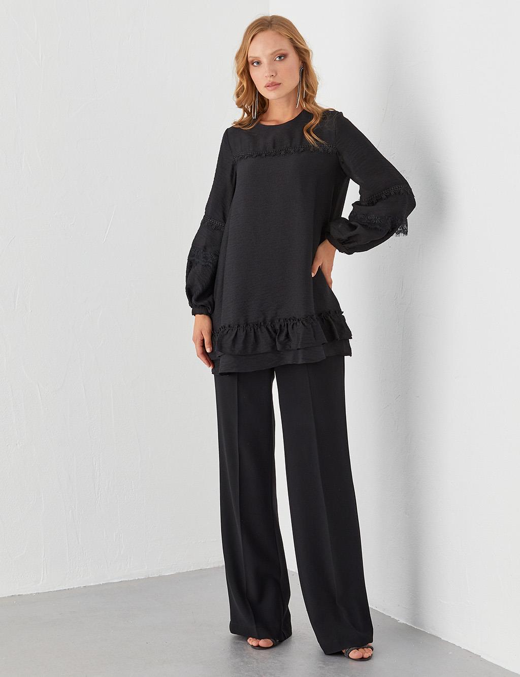 Ribbon Lace Round Neck Collar Tunic Black
